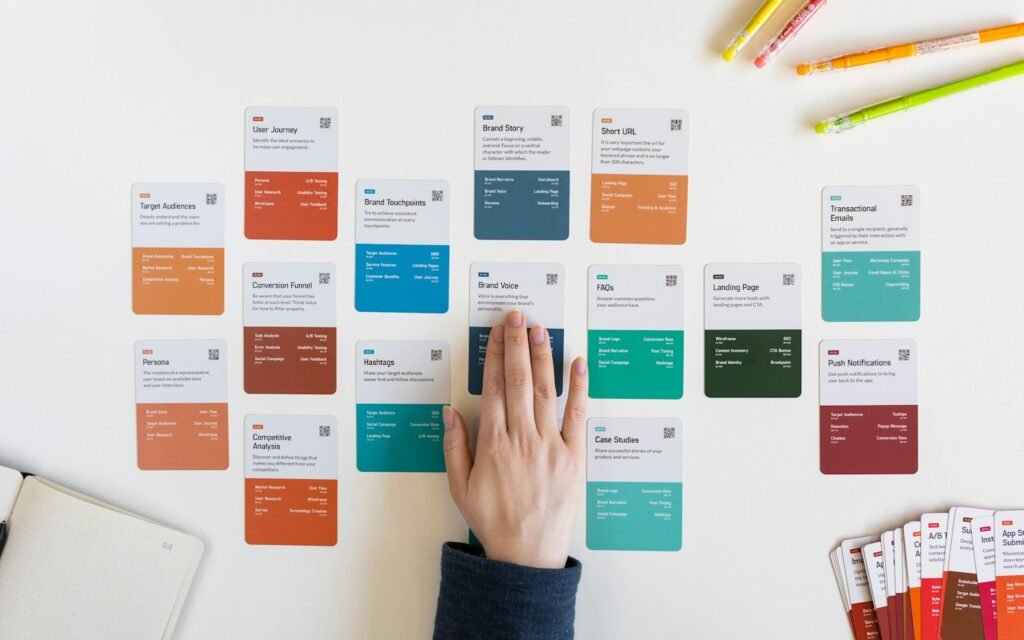 Colourful planning cards laid out on a desk