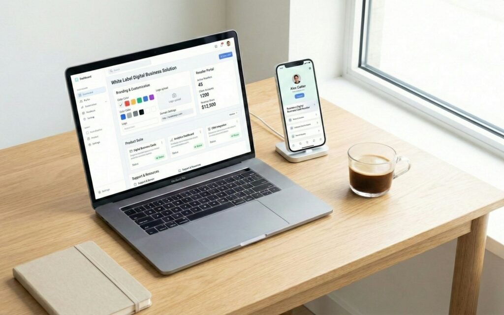 Laptop and phone on a desk showing the same website