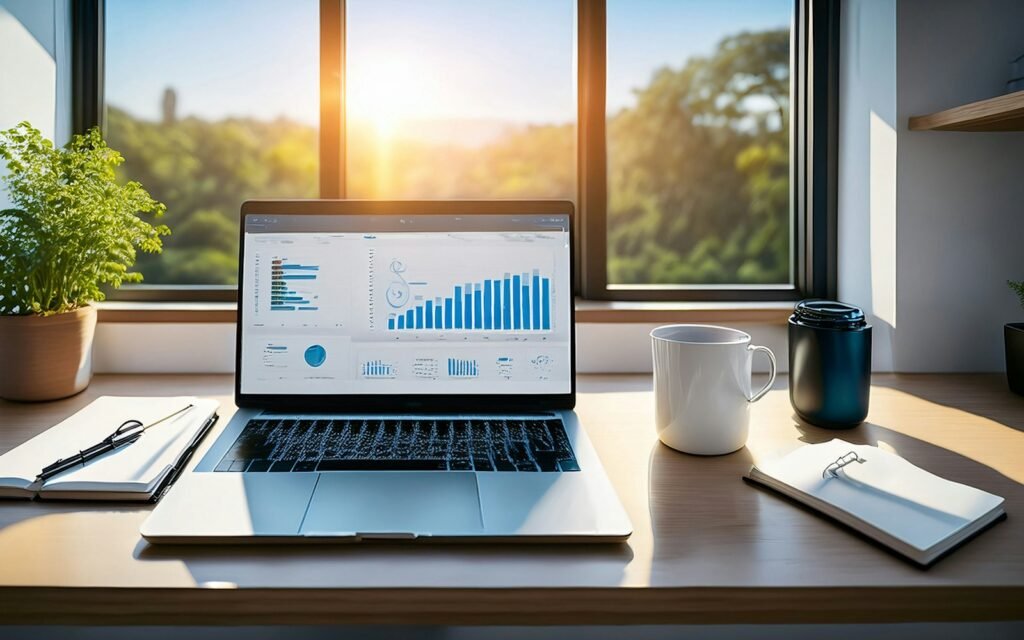 Laptop showing website traffic charts by a sunny window